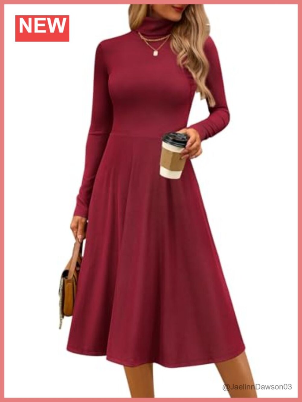 Long Sleeve Turtleneck Midi A-Line Ribbed Knit Dress Fall Winter